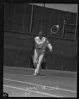 Arnold Jones playing tennis at the Davis Cup held at the Los Angeles Tennis Club, Los Angeles, 1928