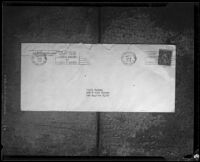 Envelope addressed to Murdo Graham from the address of the New Monte Cristo Mining Co. dated 21 May 1929, probably photographed in 1929-1933