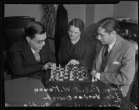 Zola Vredenburgh watches Judge Robert Kenny playing chess againast a Judge Wilbur Curtis, Los Angeles, 1934