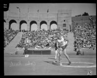 John Kuck competing in shot put at the Coliseum, Los Angeles, circa 1928-1930