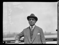 Carlos Augusto Lavigne, Brazilian Commander, arriving on a ship, Los Angeles, 1920