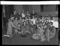 C. L. Glenn, Judge Arthur Keetch, Cornelia G. Stevenson, Millson Downs, and J. Roy McClay welcome the Camp Fire Girls to the Co-operative club of Los Angeles, Los Angeles, 1929