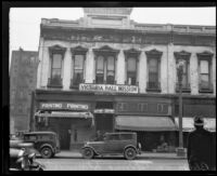 Victoria Hall Mission and other storefronts on Spring Street in downtown Los Angeles, early 1930s