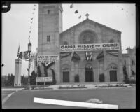 Wilshire Boulevard Congregational Church with fundraising banners, Los Angeles, 1928