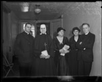 Robert E. Lucey, Sister Mariam Theresa, Agnes L. Peterson, Josephine Roche, and Reverend R. A. McGowan at a Catholic conference, Los Angeles, 1932