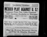 Los Angeles Examiner clipping with the headline "Calles conflicts with U.S. over Nicaragua Canal," 1927