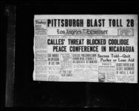 Los Angeles Examiner clipping with the headline "Calles Blocks U.S. Peace Conference in Nicaragua," 1927