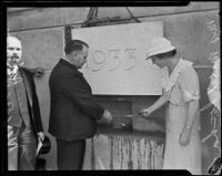 Mayor Frank L. Shaw and Mabel Socha participate in the ceremony for the laying of the cornerstone of the Griffith Park Observatory, Los Angeles, 1934