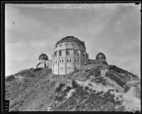 Griffith Observatory, exterior view of the south face during construction, Los Angeles, circa 1934-1935