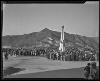 Astronomers Monument at the nearly completed Griffith Observatory, Los Angeles, 1934