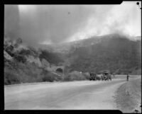 Brush fire in Griffith Park, viewed from a park road, Los Angeles, 1929