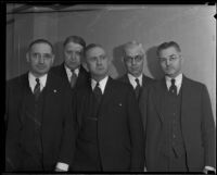D. A. MacKenzie, C. T. Nolan, D. P. Conway, R. J. Brooks, and Will O'Rourke converge in labor union meeting, Los Angeles, ca. 1934