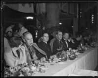 Reverend Robert E. Lucey with Bishop B. J. Mahoney, and Bishop Cantwell at banquet, Los Angeles, 1934 (?)