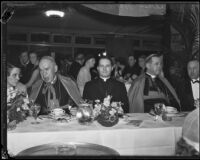 Reverend Robert E. Lucey with Bishop B. J. Mahoney, and Bishop Cantwell at banquet, Los Angeles, 1934 (?)
