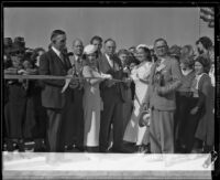 Ribbon cutting ceremony performed by P. A. Stanton, John C. Mitchell, Jewell Cawthon, Mary Jean Mason, and George Jeffrey, Costa Mesa, 1934