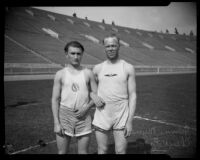 Chuck Eaton and Johnny Myrra, javelin athletes, at the Coliseum, Los Angeles, circa 1925