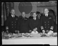 Rear-Admiral Luke McNamee, Admiral Hyakurake, Toshito Satow and Vice-Admiral Richard Leigh aboard a ship, Southern Calif. 1930s