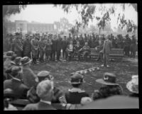 Members of the Rainbow Division deliver Memorial Day speeches at Exposition Park, Los Angeles, 1922