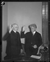 Frank Merriam sworn in as Lieutenant Governor of California by Judge Frank Collier, Los Angeles, 1934-1938