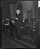 Governor Merriam at a speaking engagement, California, 1934-1939