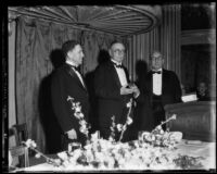 B. O. Miller (left), John E. Coffin (center), and N. J. Cordary at the Los Angeles Realty Board annual meeting, Los Angeles, 1934