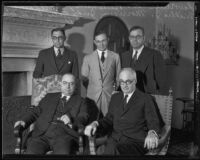 Laurence W. Beilenson, Edward A. Adams, Willis I. Morrison, Judge Walter S. Gates, W. W. Mines at Mines's house, Los Angeles, 1935
