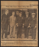 Newspaper clipping showing Commander E. M. Pace, Henry H. Wetzel, Rear-Admiral W. A. Moffett, Captain A. H. Woodbine and Lieutenant E. B. Koger, Santa Monica, circa 1931