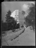 Snow surrounding Mt. Wilson observatory, Mount Wilson, ca. 1927