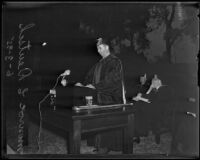 Sir John Adams delivering a commencement address at Occidental College, Los Angeles, 1933