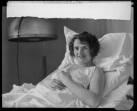 Actress Molly O'Day rests after a surgery, Los Angeles vicinity?, 1928