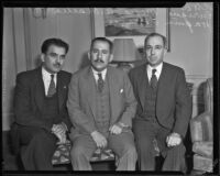 Enrique Mexia, Governor Agustin Olachea Aviles, and Consul Joaquin Terrazas discuss upcoming Olympics, Los Angeles, 1932