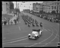 Parade with State Motorcycle Officers on W. 1st St and Spring St, Los Angeles, 1934