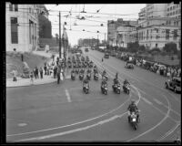 Parade with State Motorcycle Officers on W. 1st St and Spring St, Los Angeles, 1934