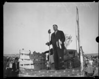 John R. Quinn campaigning from the back of a truck, Los Angeles 1929-1936