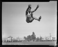 Fernando Ramos executing a broad jump, Los Angeles, 1933