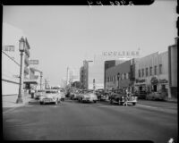 Street scene at Wilshire Boulevard and Masselin Avenue, Los Angeles, 1949