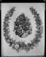 Horseshoe-shaped shell art wreath made in 1888 by poet Ina Donna Coolbrith, Santa Monica, 1953