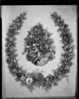 Horseshoe-shaped shell art wreath made in 1888 by poet Ina Donna Coolbrith, Santa Monica, 1953