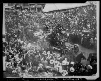Theodore Roosevelt riding in open car in downtown Los Angeles, Los Angeles, 1911