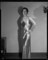 Opera performer Diane Houck Malin in satin gown, 1956
