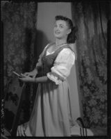 June Moss in a dirndl costume for the opera Martha, Santa Monica, circa 1956