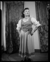 June Moss in a dirndl costume for the opera "Martha," Santa Monica, circa 1956