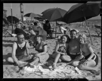 Sunbathers at the beach at the Casa Del Mar Hotel, Santa Monica, 1934