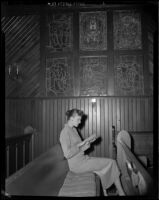 Miriam Braun, sits in a church, 1949