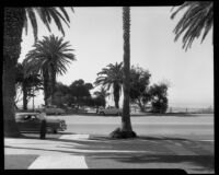 View of street, cliffs and ocean from Ocean Ave., Santa Monica, circa 1952