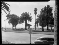 View of street, parks, cliffs and ocean on Ocean Ave., Santa Monica