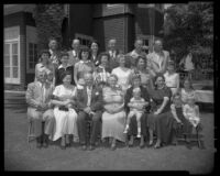 Family photo of Pond family for Larkin and Nancy Pond's 60th wedding anniversary, Santa Monica, 1953