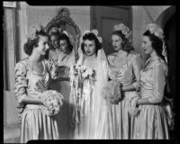 Shirley Roberta Doman as a bride with bridesmaids, Pacific Palisades, 1946