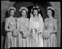 Shirley Roberta Doman as a bride with bridesmaids, [Beverly Hills?], 1946