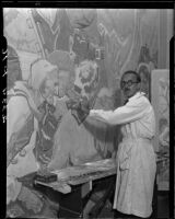Dean Cornwell painting a mural below the rotunda at the Los Angeles Central Library, Los Angeles, 1932